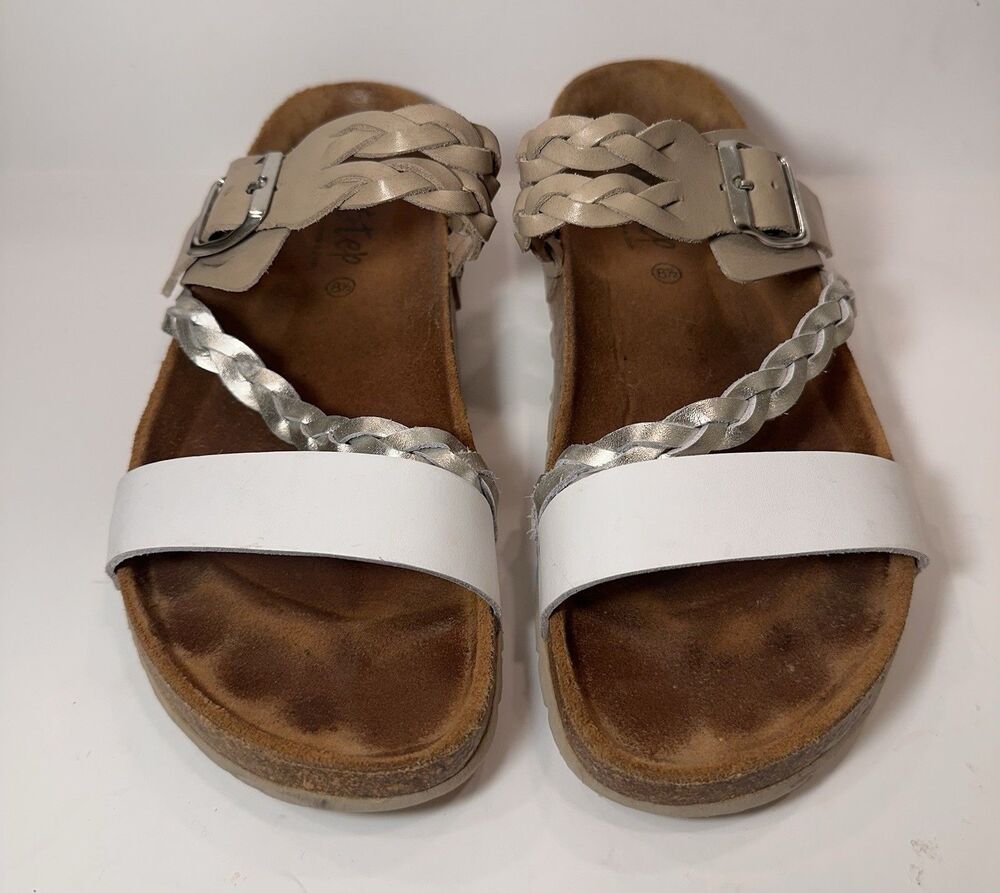 Biostep Comfort Sandals Women’s 8.5 EU 38 Braided Cork Footbed Slides Leather